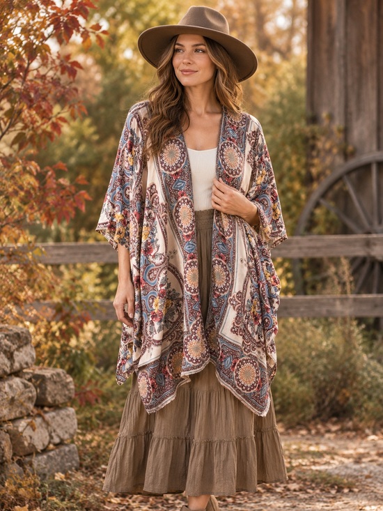 Angie Sweaters - Angie Paisley Boho Kimono Open Front Floral Medallion Fall Duster Shrug Large